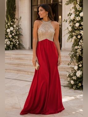 Beaded Halter Red Formal Gown Prom Wedding Guest Evening Dress Glam Maxi